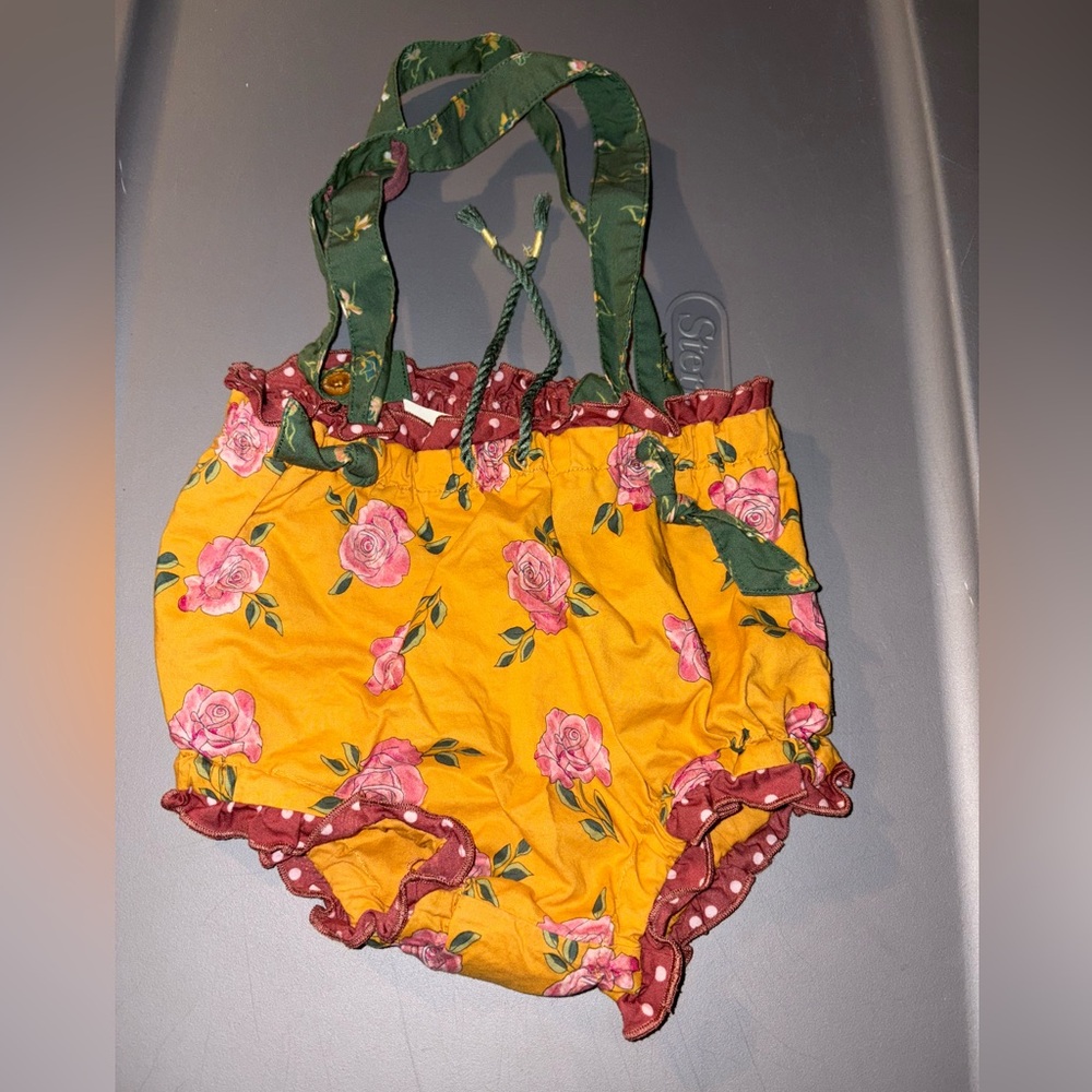 Matilda Jane Yellow Romper with Pink Roses and Green Straps